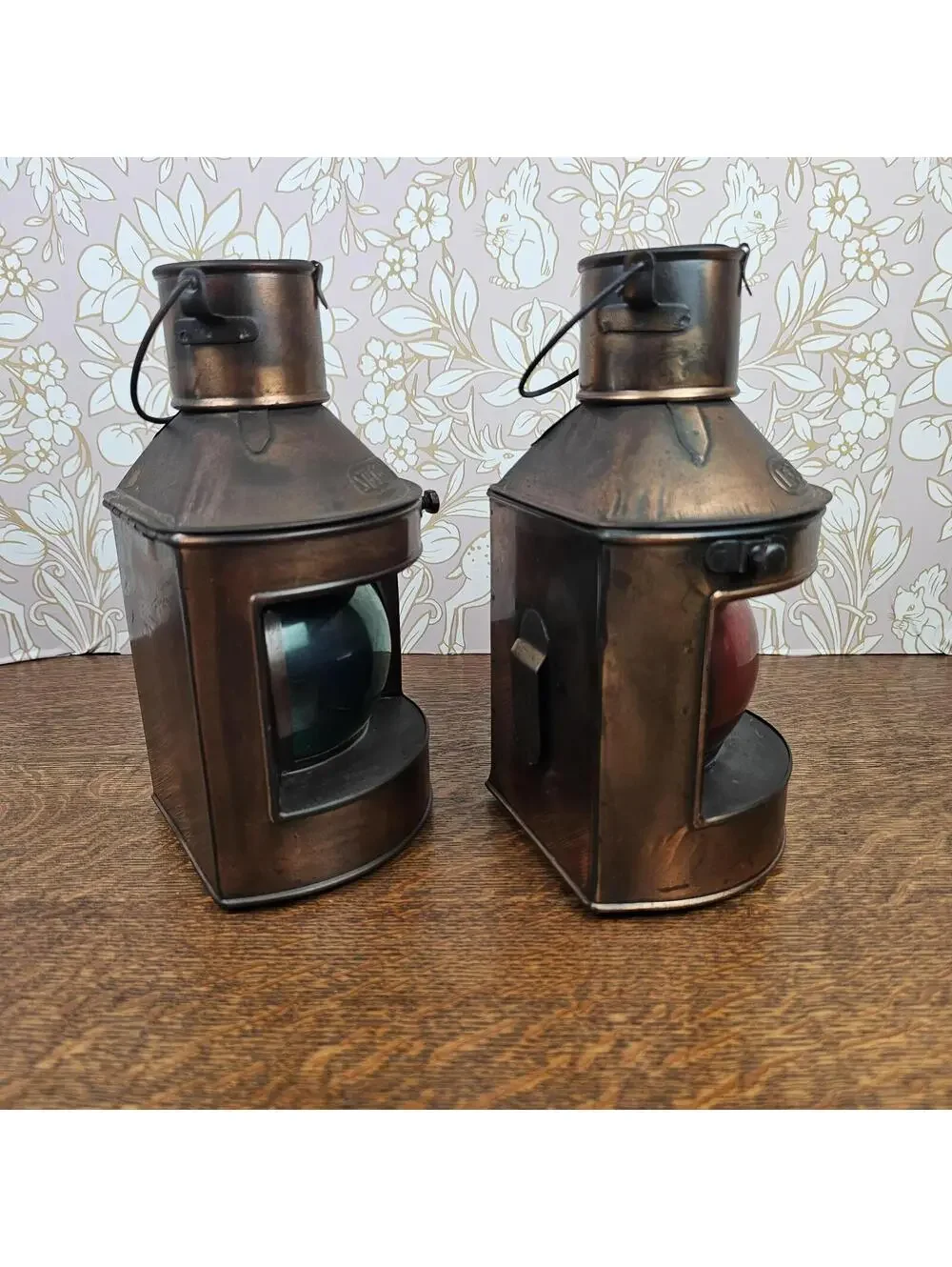 Vtg Nautical Port Starboard Oil Lanterns Brass Tone Navigation Red Green Glass